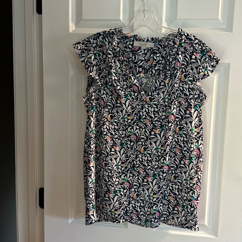 LOFT - Navy blue/white with pink & green birds.  Ruffled sleeves and collar